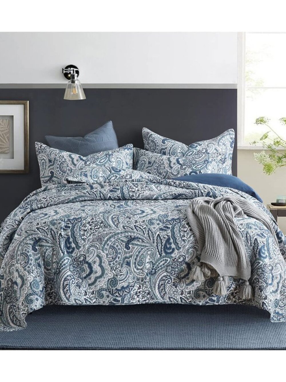 Cotton Bedspread Quilt Sets, 3 Pieces Reversible Comforter Coverlet Sets,Blue
